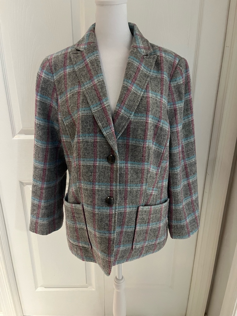 Talbots Gray Plaid Blazer with Blue & Pink Windowpane
